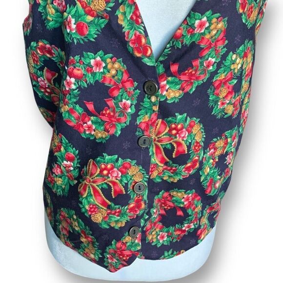 Vintage Christmas Wreath Print Button-Up Black Red Vneck Waistcoat Vest - Picture 4 of 10